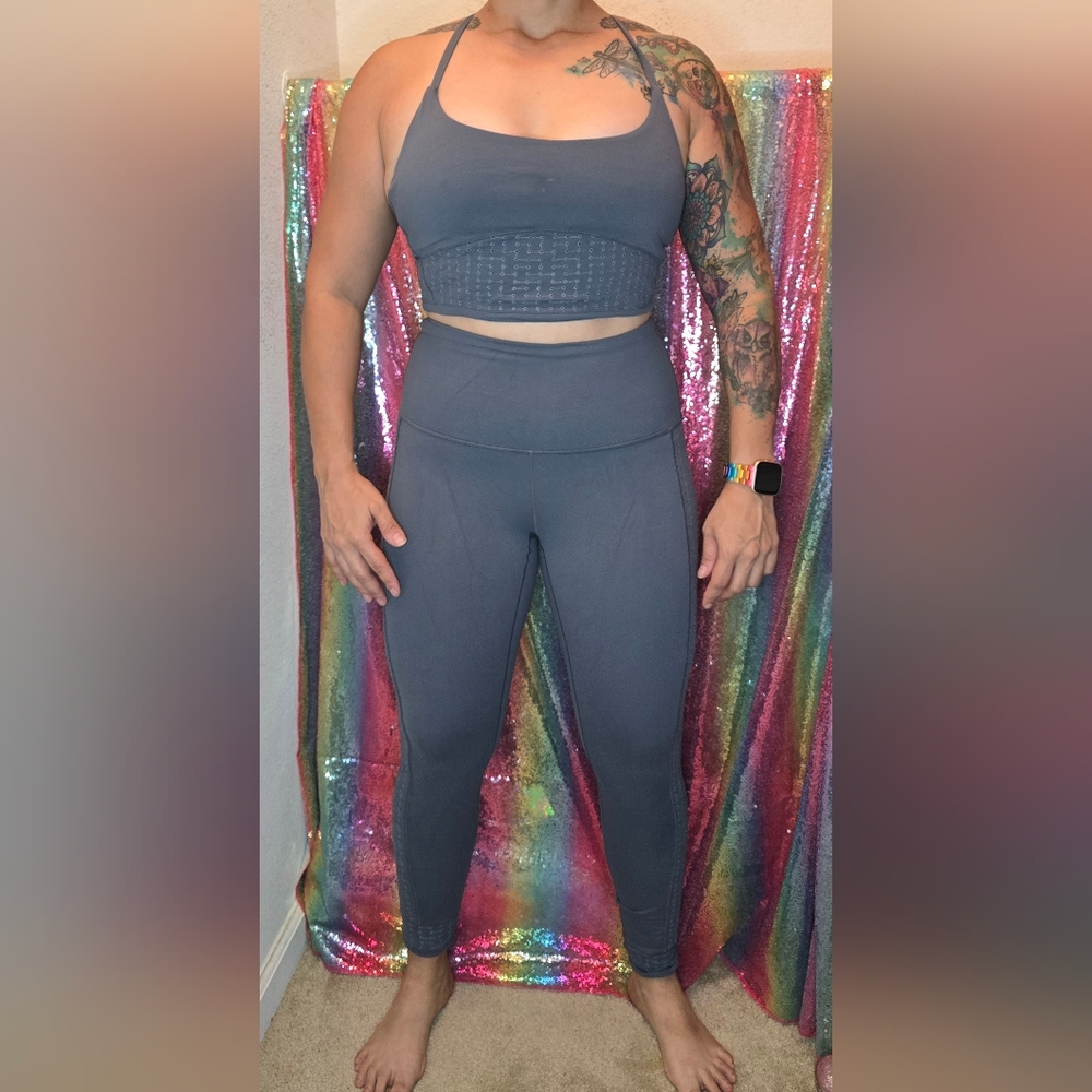 Prana Womens Fara Set Charcoal Gray HighRise Eyelet Sides Athleisure Yoga